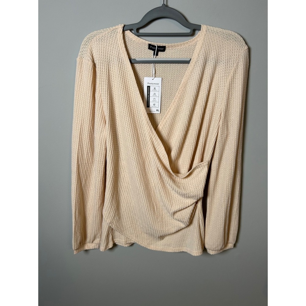 Prettywear Womens Waffle‎ Knit Surplice Wrap Long Sleeve Top Cream Beige XL NWT